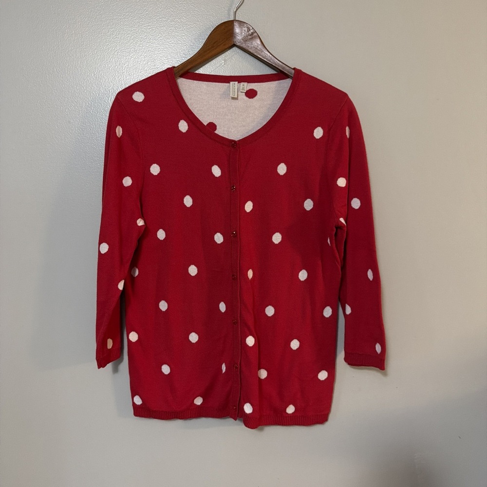 madison cardigan xl Red White Polka Dots 3/4 Sleeve Cotton Career Holiday